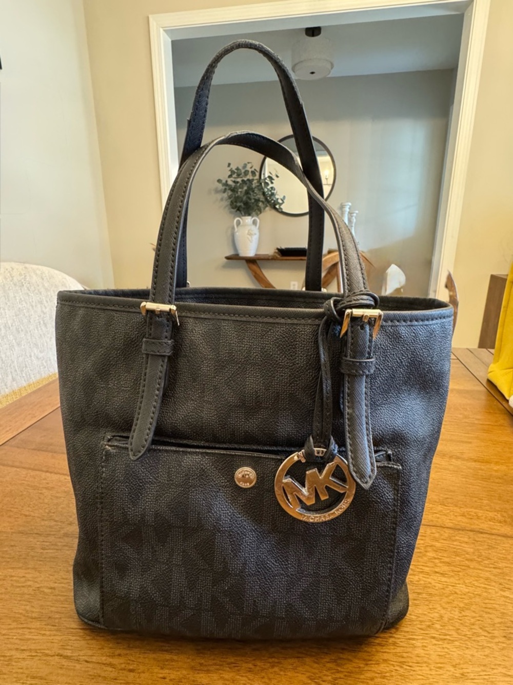Michael Kors Black MK Logo Tote with Silver Charm